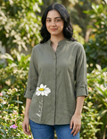 Grey Button-Down Top with Daisy Print