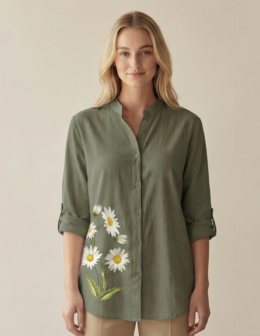 Women’s Comfortable Daisy Print Top - Stone Grey