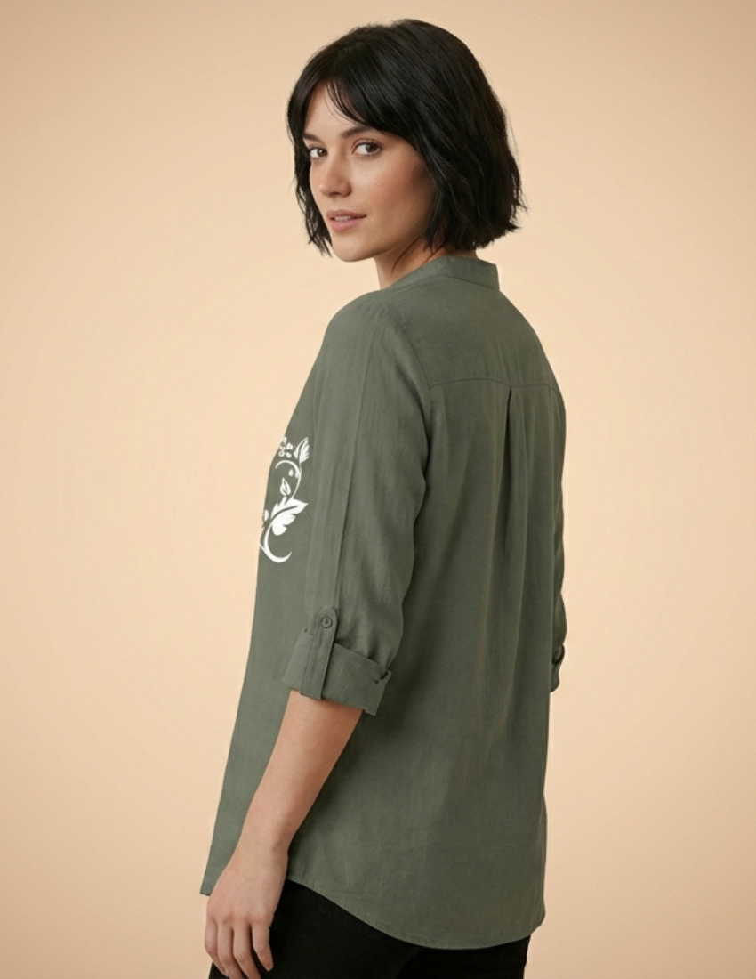 Rose Vine Printed Grey Button-Down Top