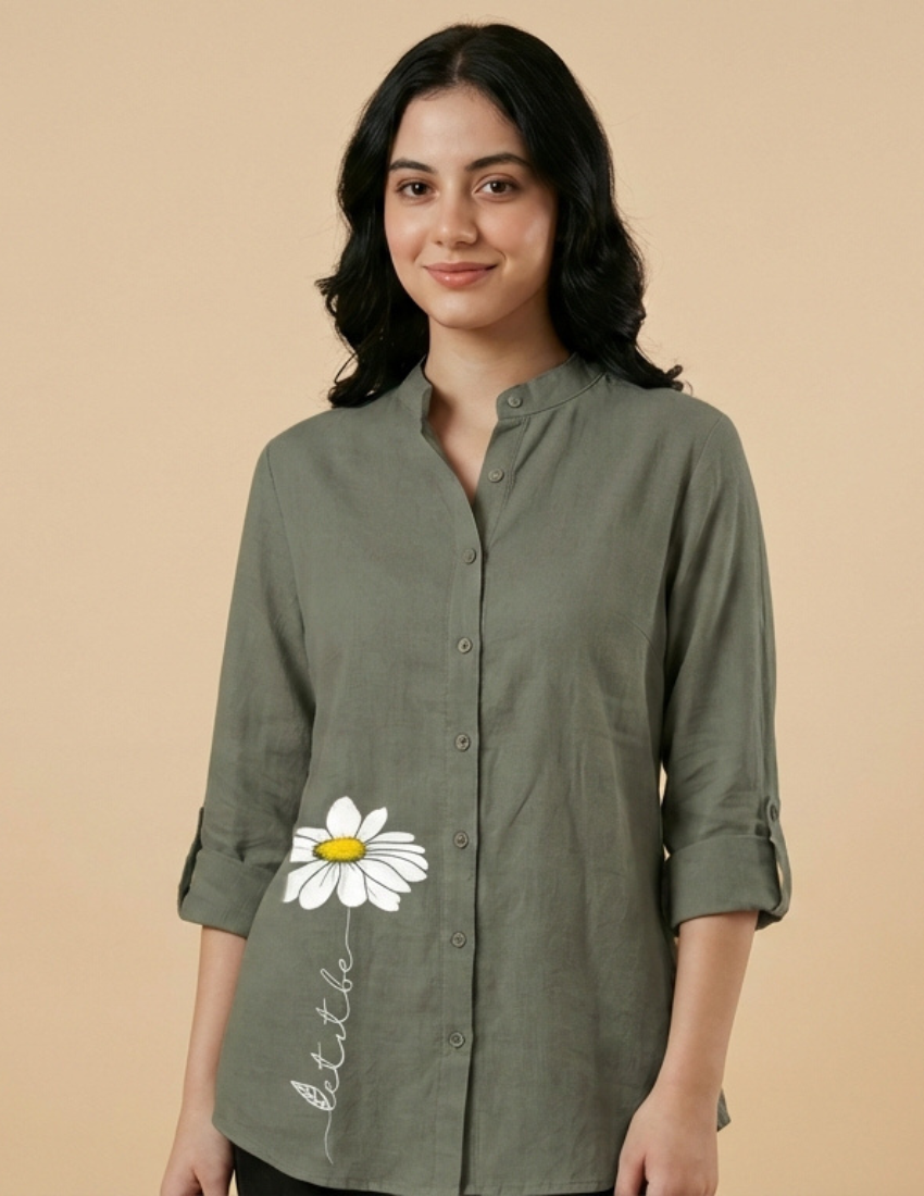 Grey Button-Down Top with Daisy Print