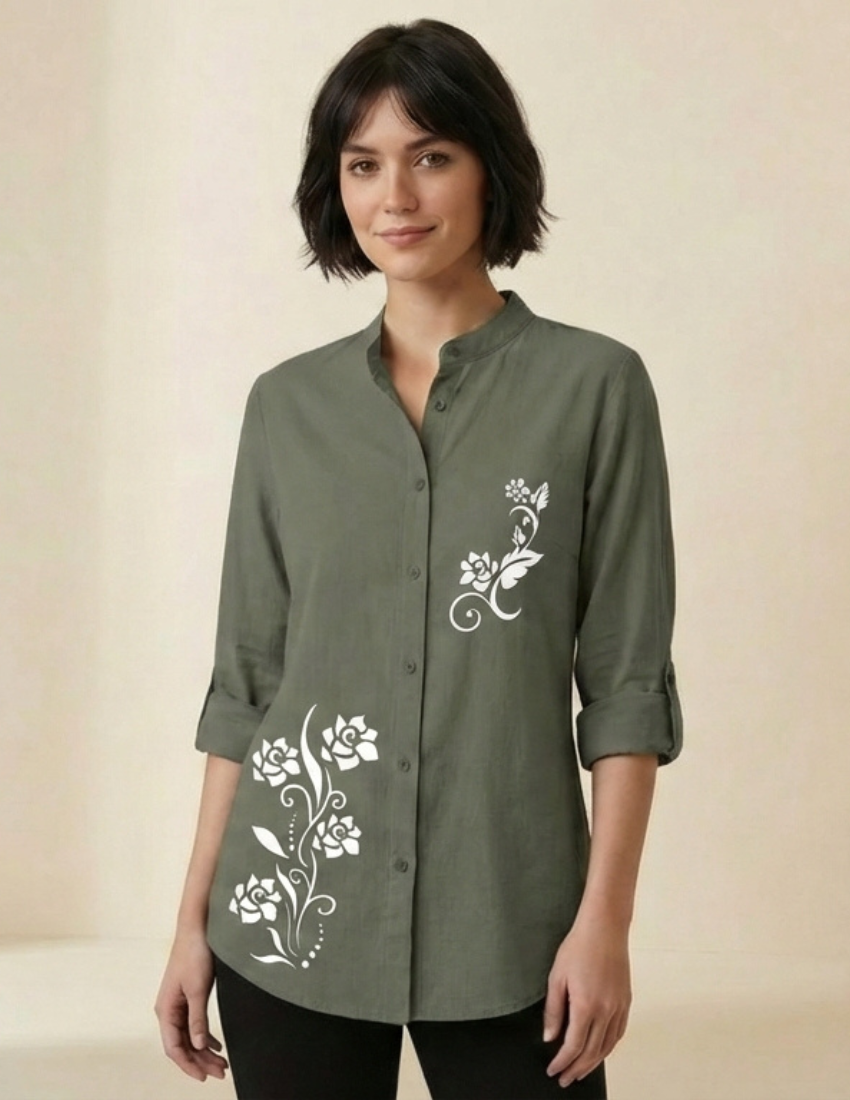 Rose Vine Printed Grey Button-Down Top