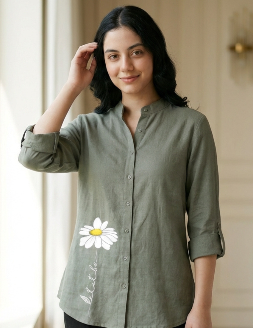 Grey Button-Down Top with Daisy Print