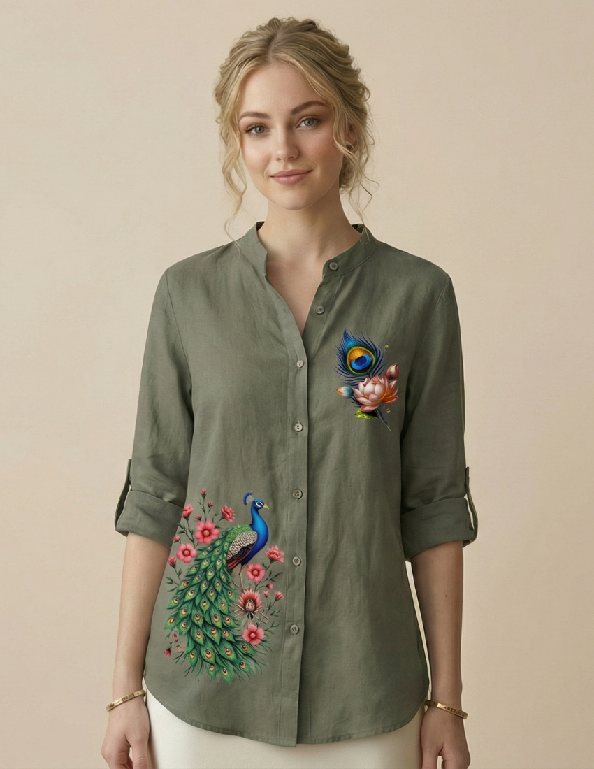 Grey Peacock & Lotus Printed Top