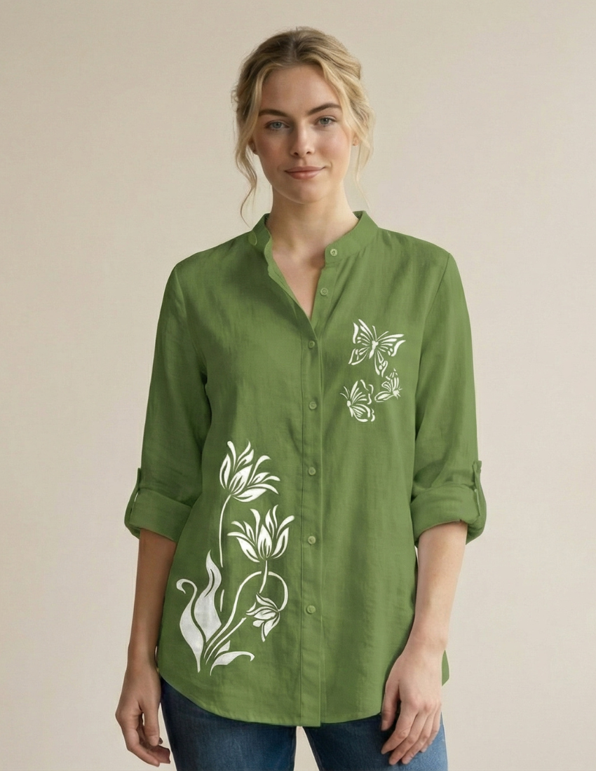 Butterfly Print Casual Women’s Top - Leaf Green