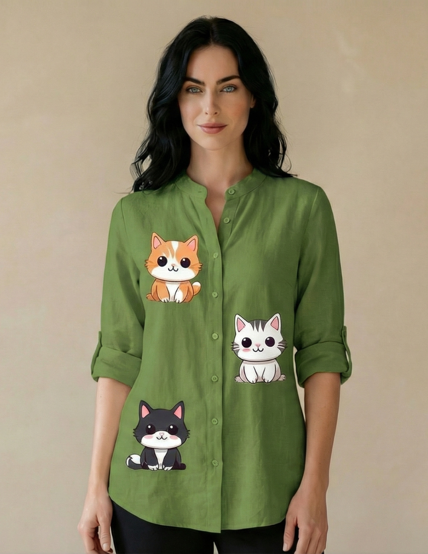Women’s Cat Printed Trendy Top – Lime Green