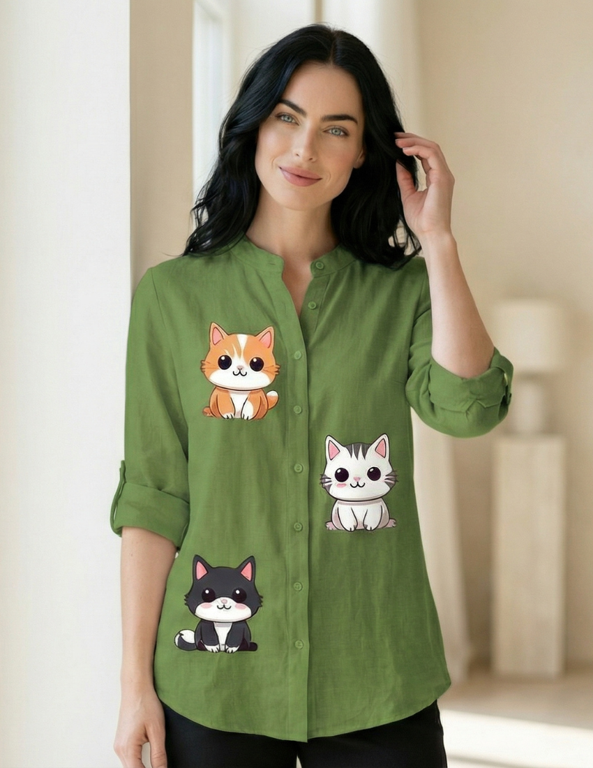 Women’s Cat Printed Trendy Top – Lime Green