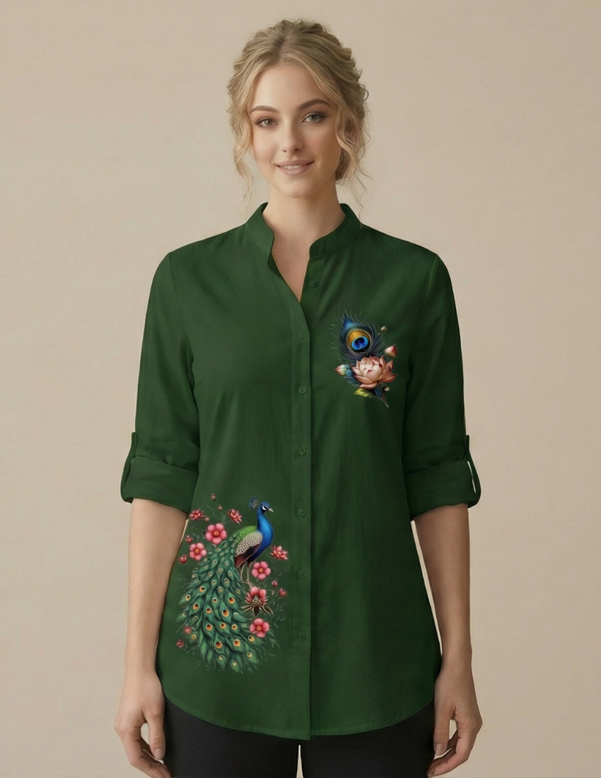 Elegant Emerald Peacock Floral Print Top