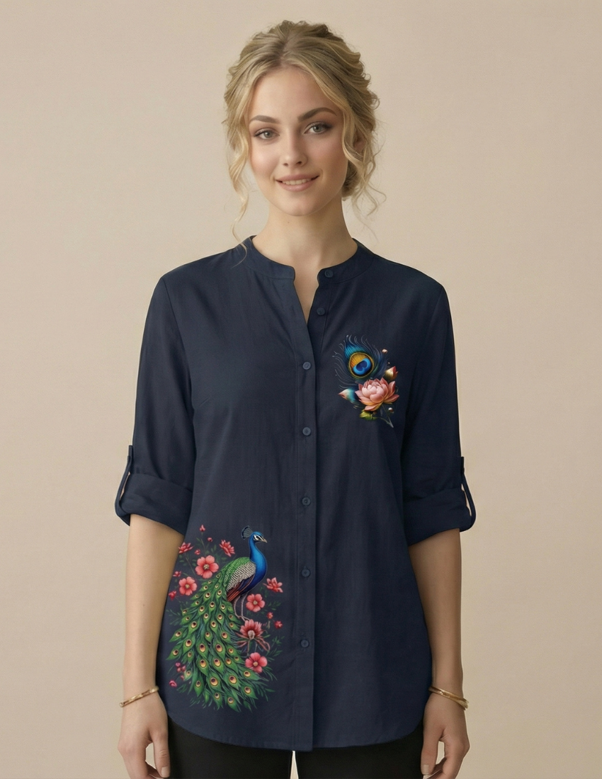 Navy Blue Peacock & Lotus Printed Long Top