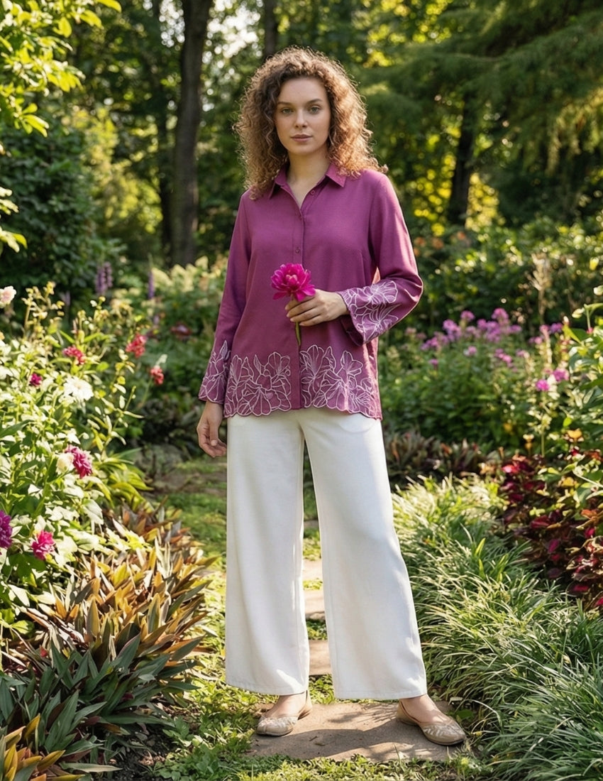 Magenta Pink Shirt and White Pant Set