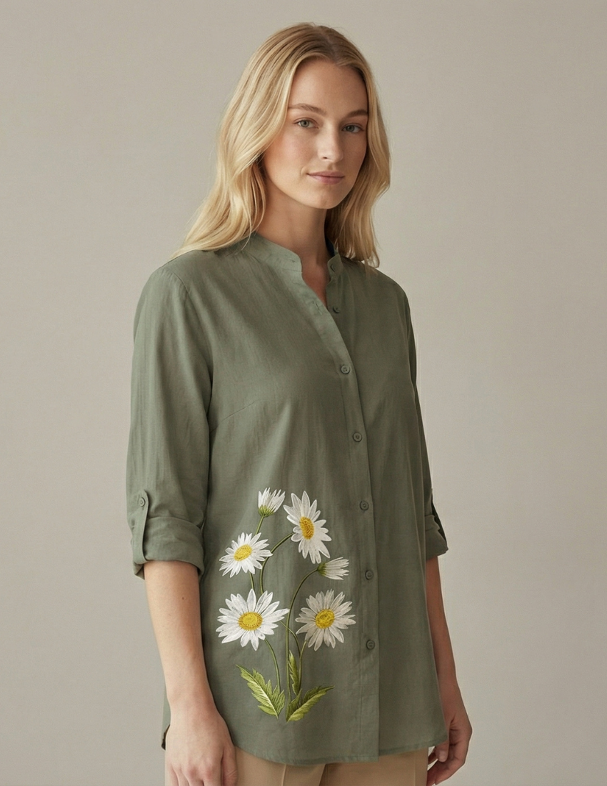 Women’s Comfortable Daisy Print Top - Stone Grey