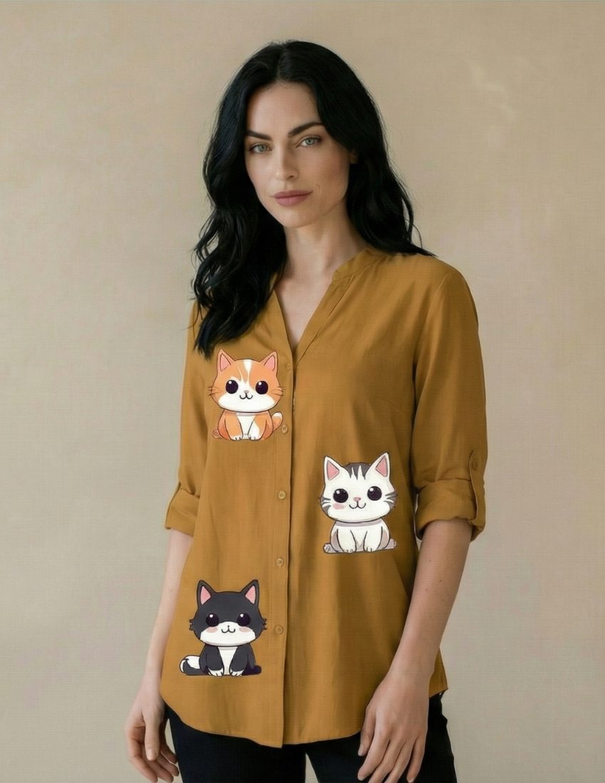Women’s Cute Cat Printed Golden Ochre Top