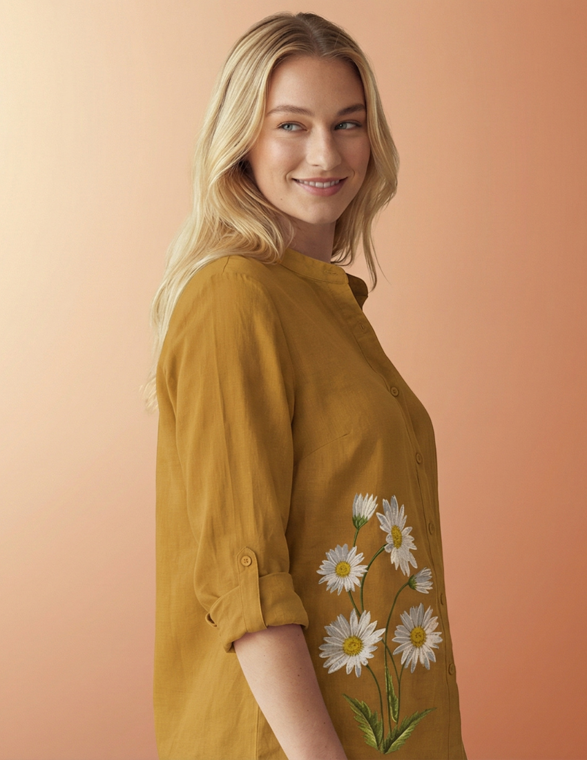 Casual Daisy Printed Top - Mustard Yellow