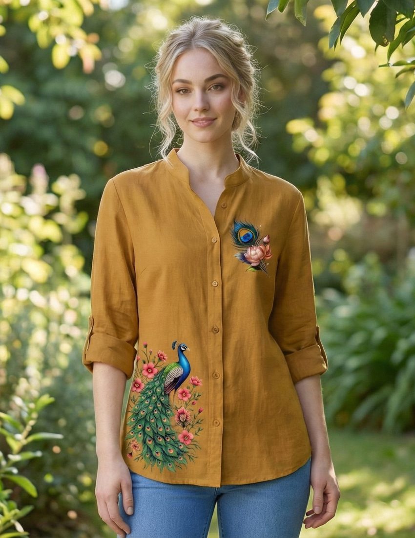 Mustard Yellow Peacock Print Longline Top