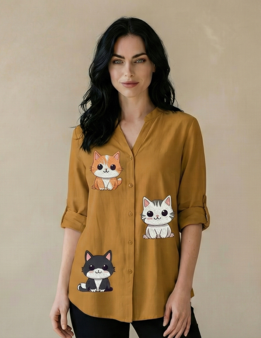 Women’s Cute Cat Printed Golden Ochre Top