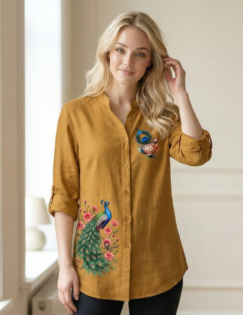 Mustard Yellow Peacock Print Longline Top