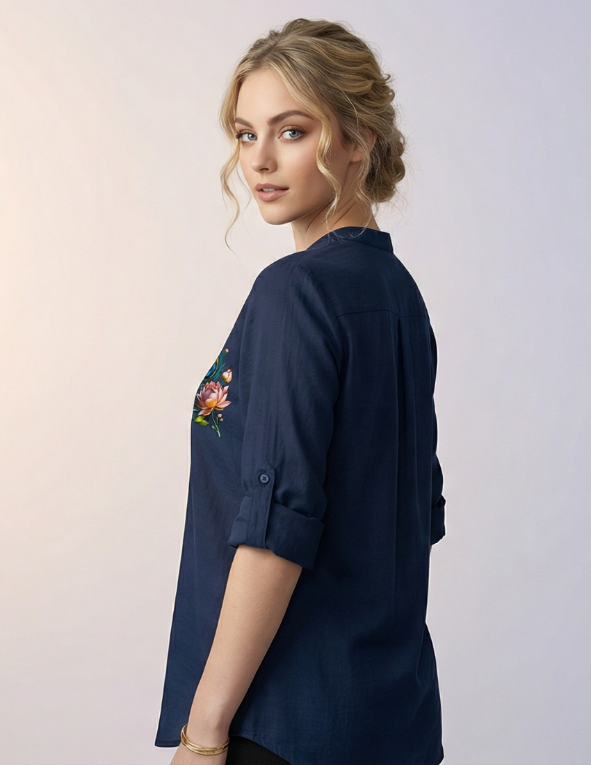 Navy Blue Peacock & Lotus Printed Long Top