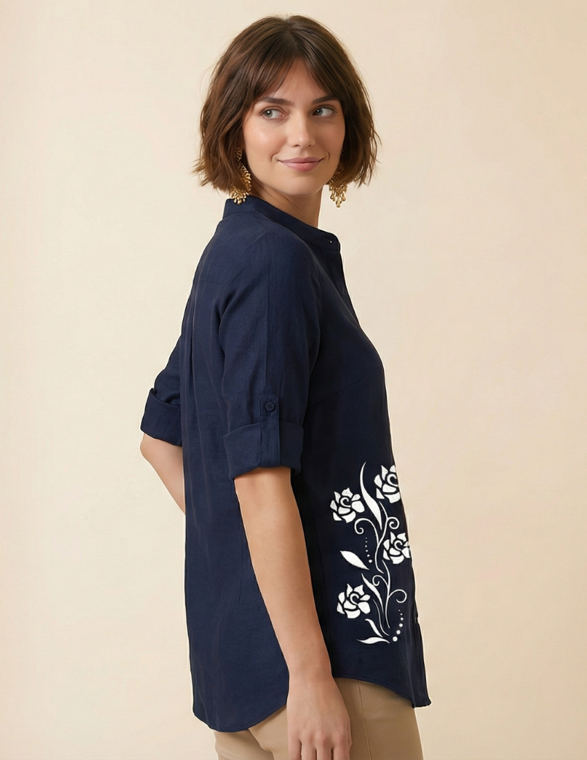 Deep Blue Rose Vine Print Button-Down Top