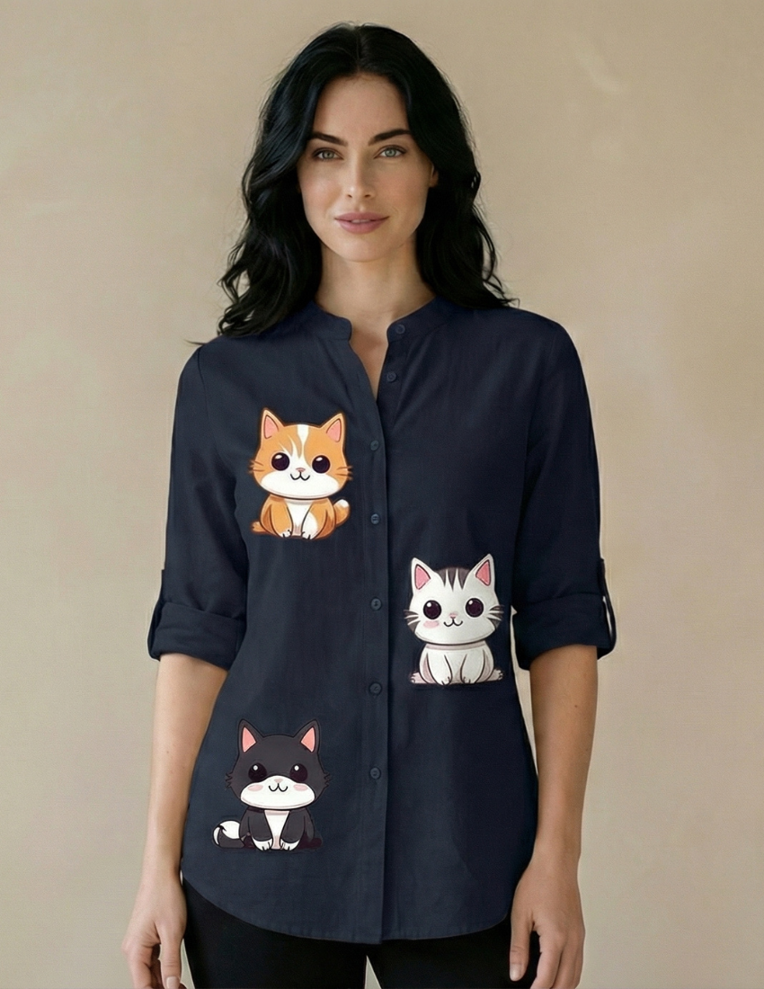 Comfortable Cute Cat Printed Top –  Midnight Blue