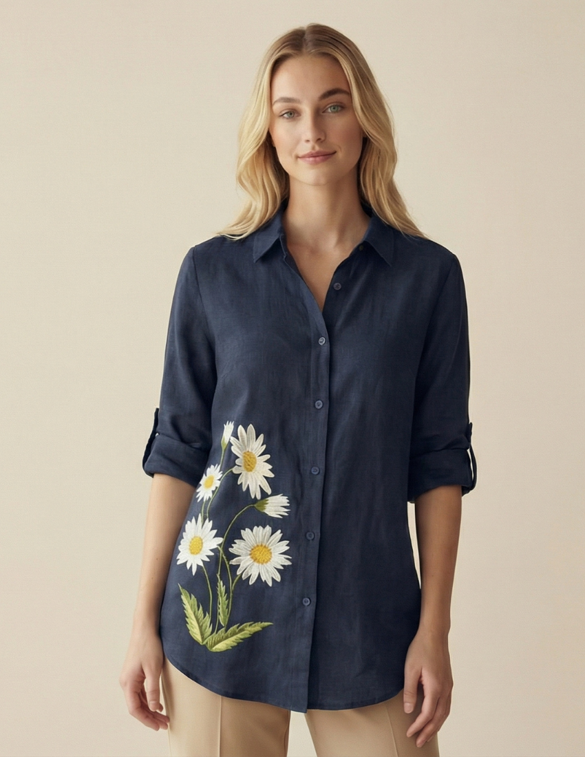 Daisy Print Navy Blue Rayon Women’s Top