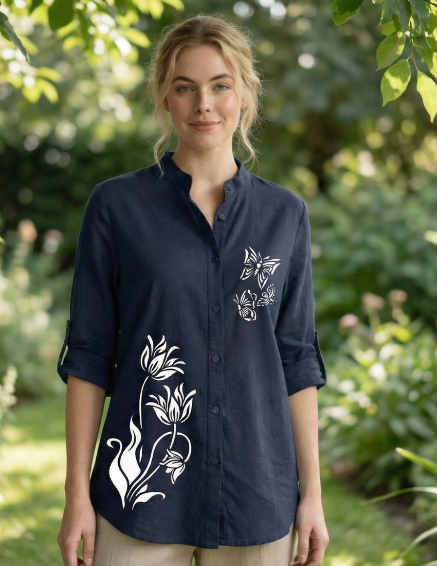 Moonlit Petals Navy Blue Casual Top