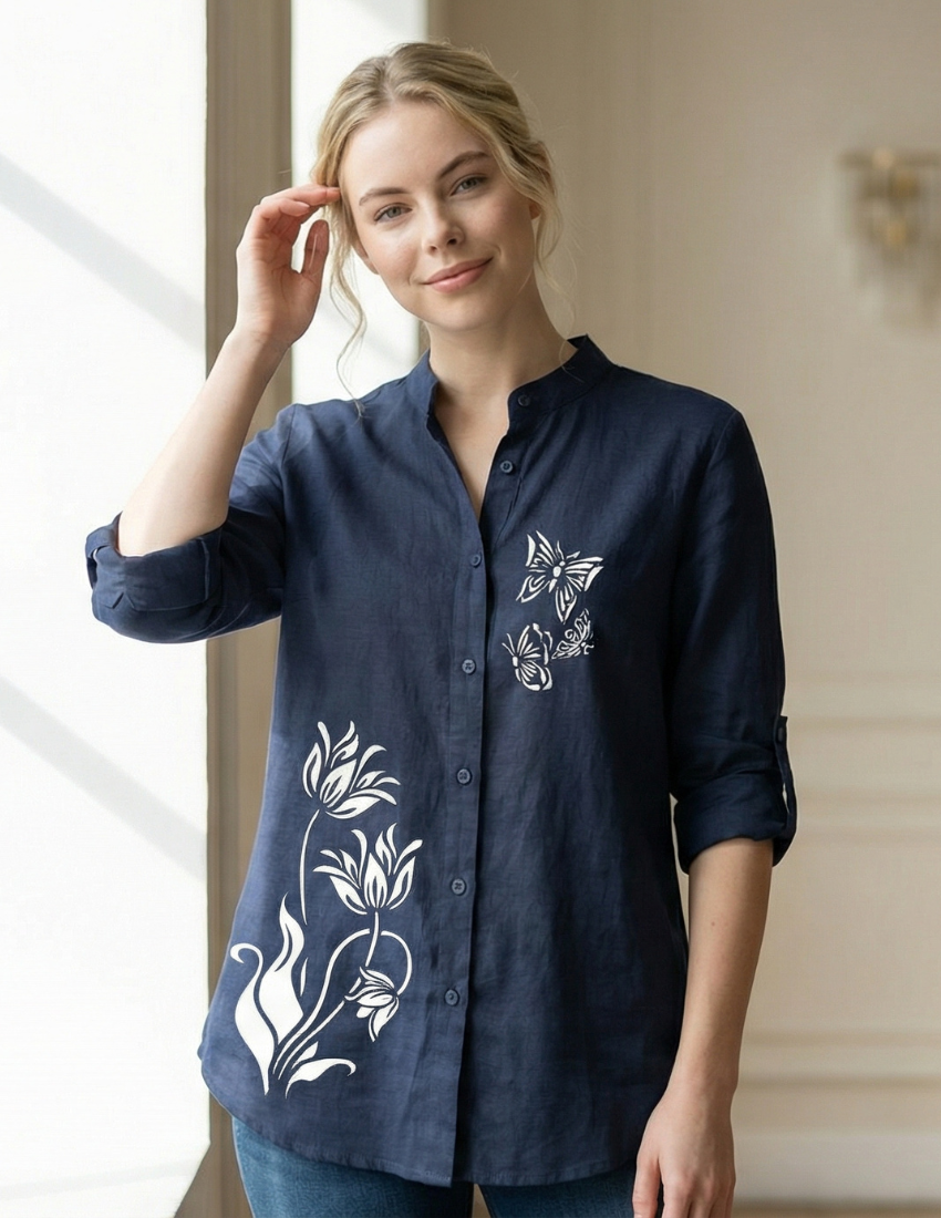 Moonlit Petals Navy Blue Casual Top