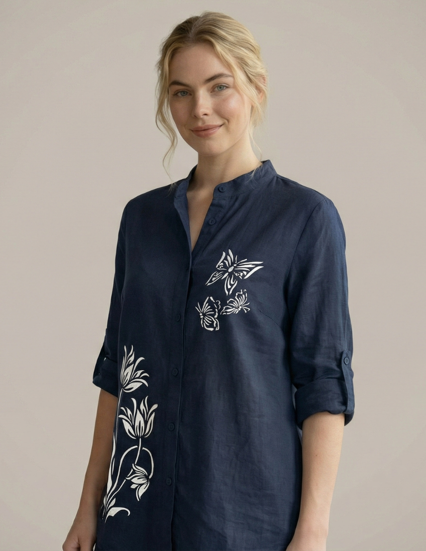 Moonlit Petals Navy Blue Casual Top
