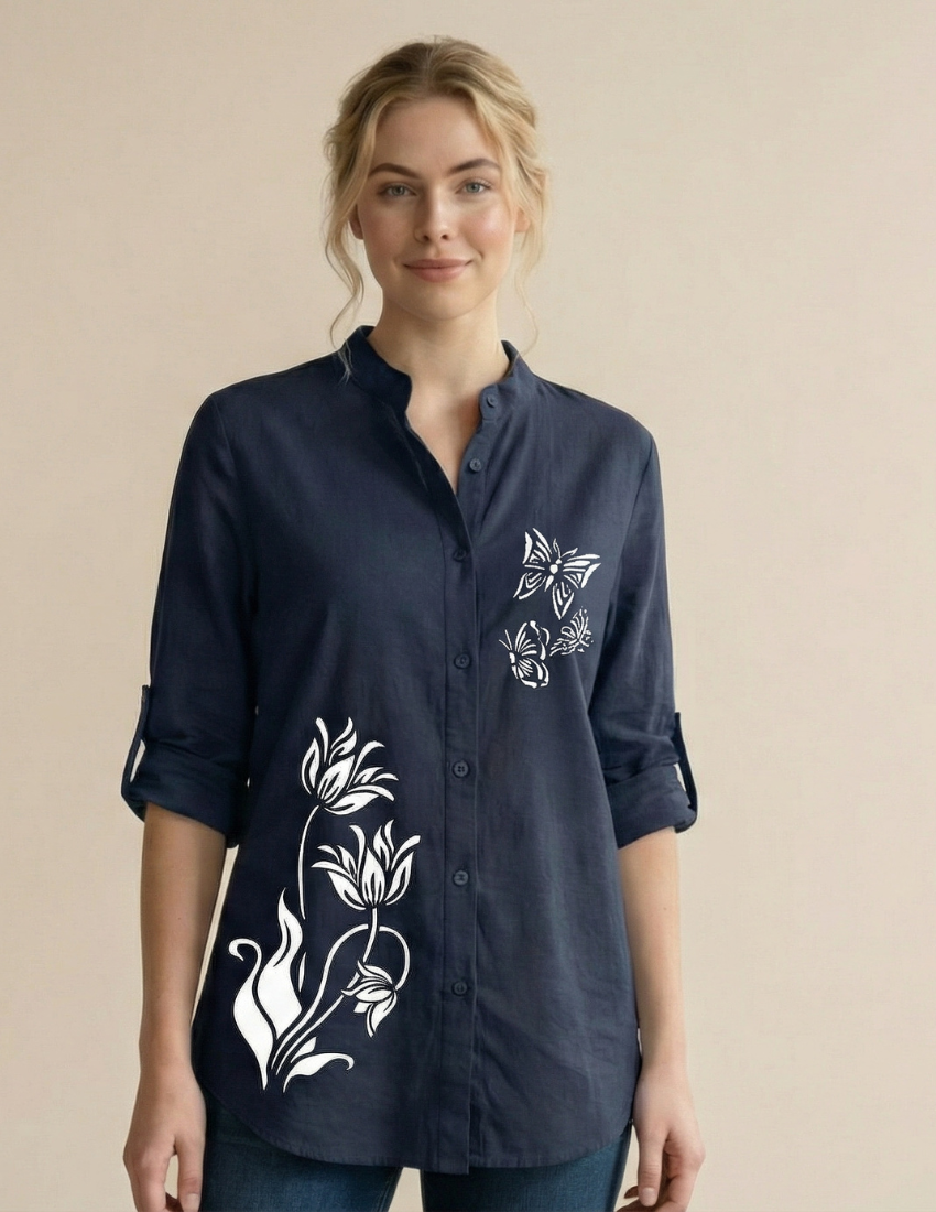 Moonlit Petals Navy Blue Casual Top