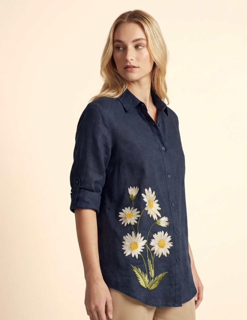 Daisy Print Navy Blue Rayon Women’s Top