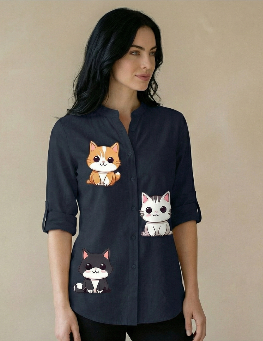 Comfortable Cute Cat Printed Top –  Midnight Blue