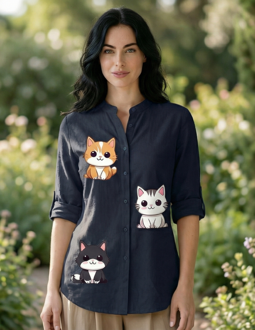 Comfortable Cute Cat Printed Top –  Midnight Blue