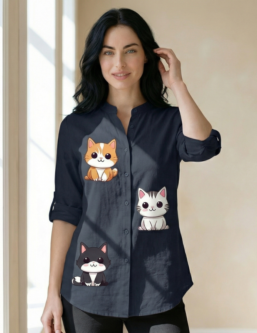 Comfortable Cute Cat Printed Top –  Midnight Blue