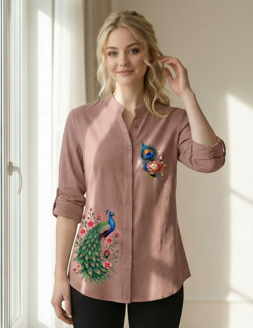 Elegant Peach Floral Peacock Designer Top
