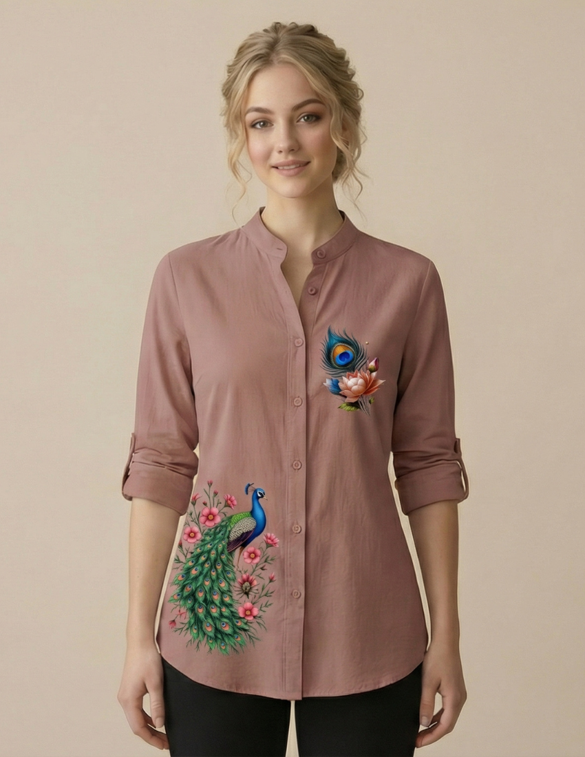 Elegant Peach Floral Peacock Designer Top