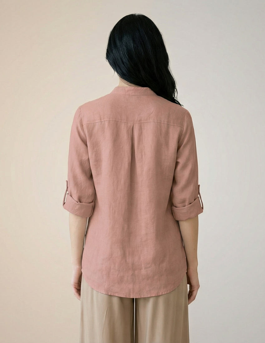 Blush Pink Cartoon Cat Design Stylish Button-Down Top