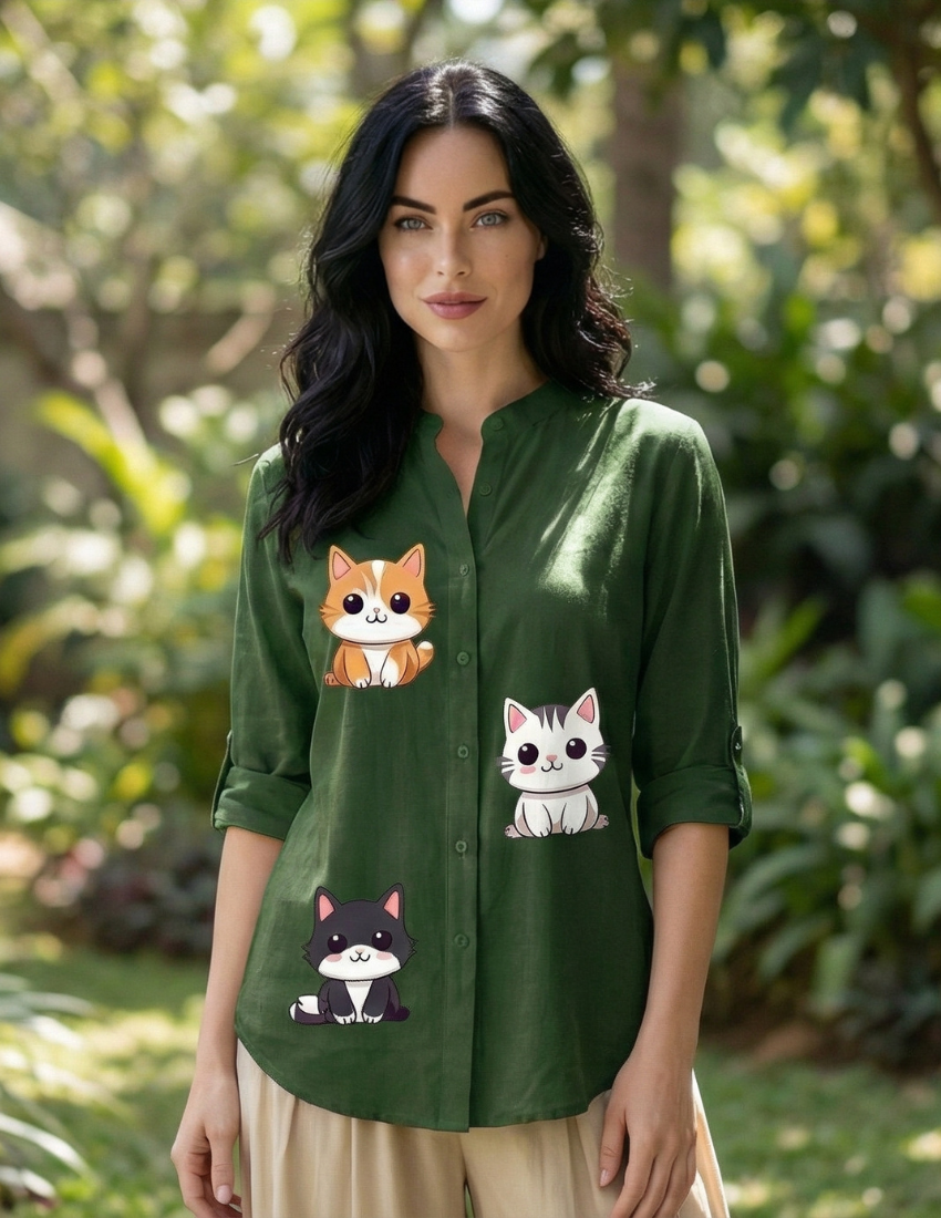 Hunter Green Playful Cats Print Women's Top