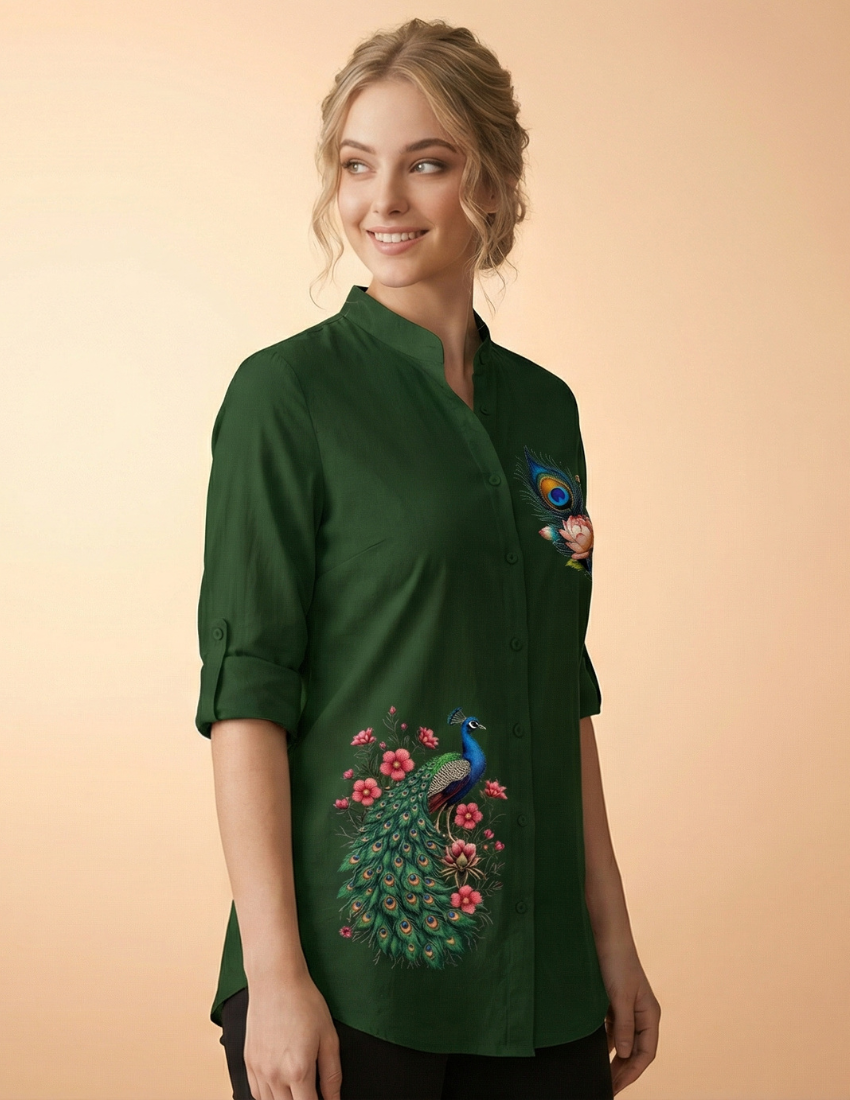 Elegant Emerald Peacock Floral Print Top