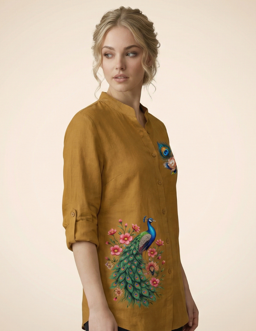 Mustard Yellow Peacock Print Longline Top