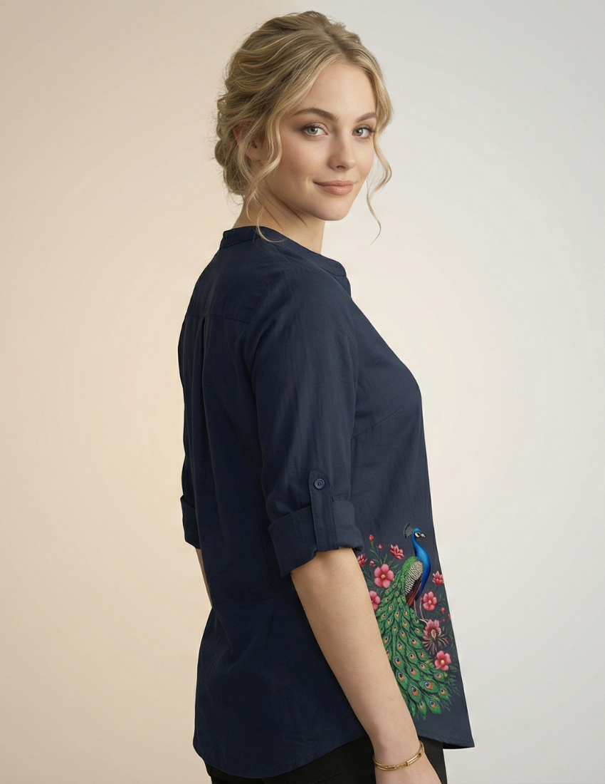 Navy Blue Peacock & Lotus Printed Long Top