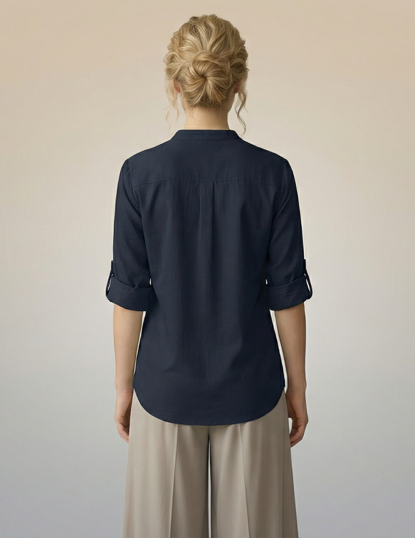 Navy Blue Peacock & Lotus Printed Long Top