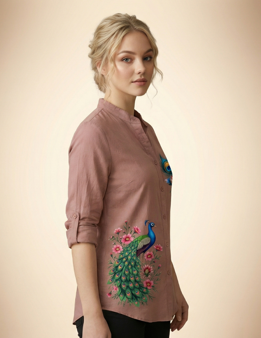 Elegant Peach Floral Peacock Designer Top
