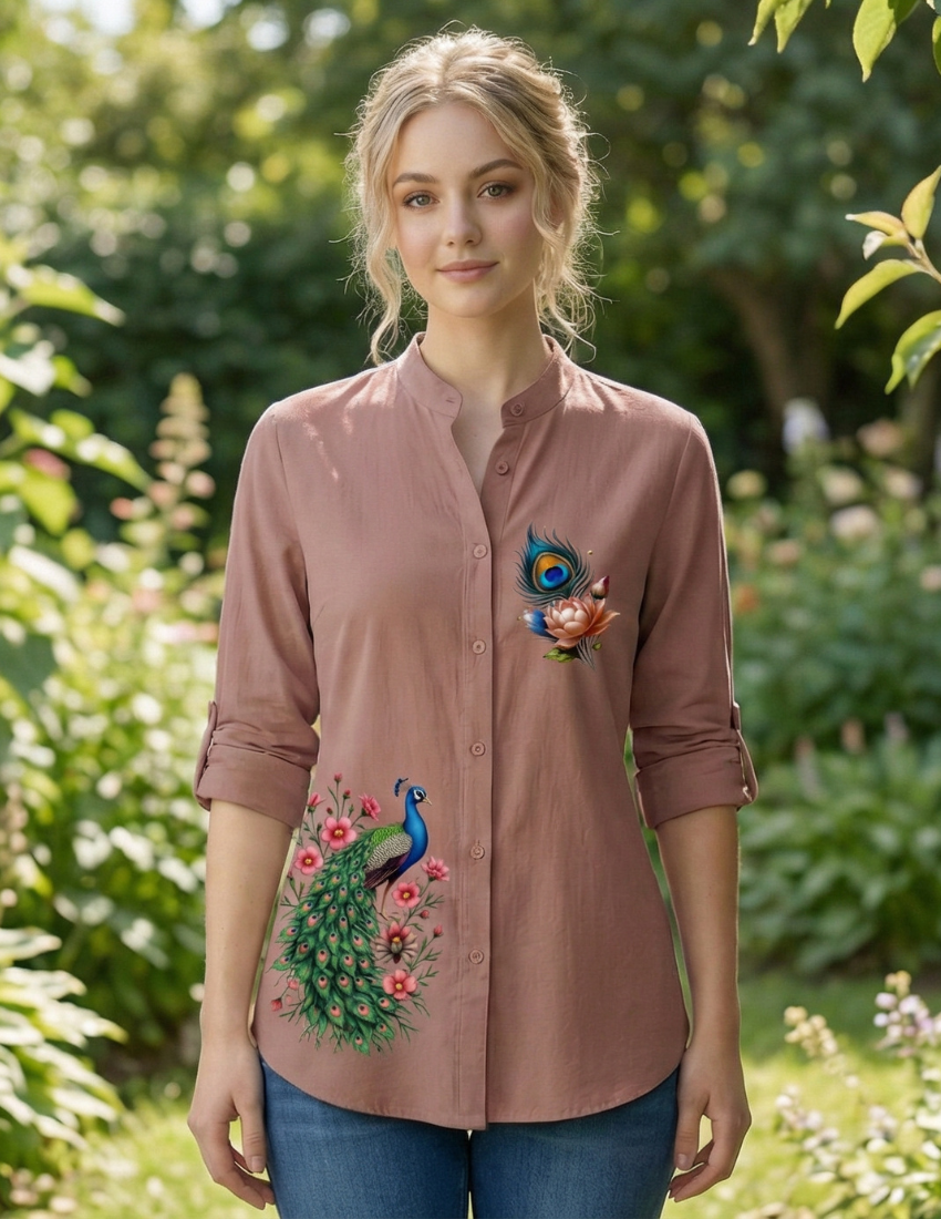 Elegant Peach Floral Peacock Designer Top
