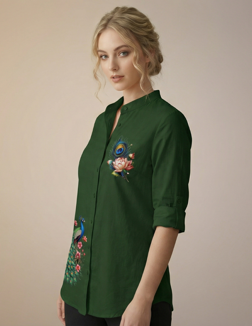 Elegant Emerald Peacock Floral Print Top