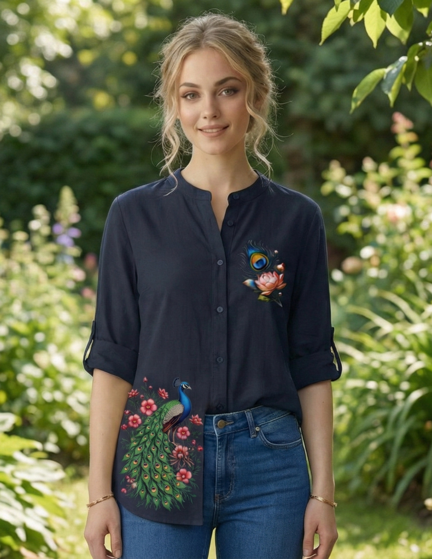 Navy Blue Peacock & Lotus Printed Long Top