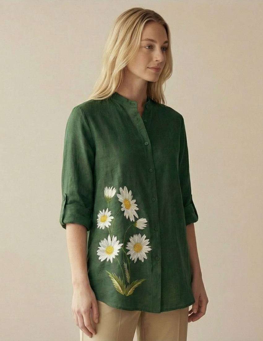 Classic Forest Green Daisy Printed Women’s Top