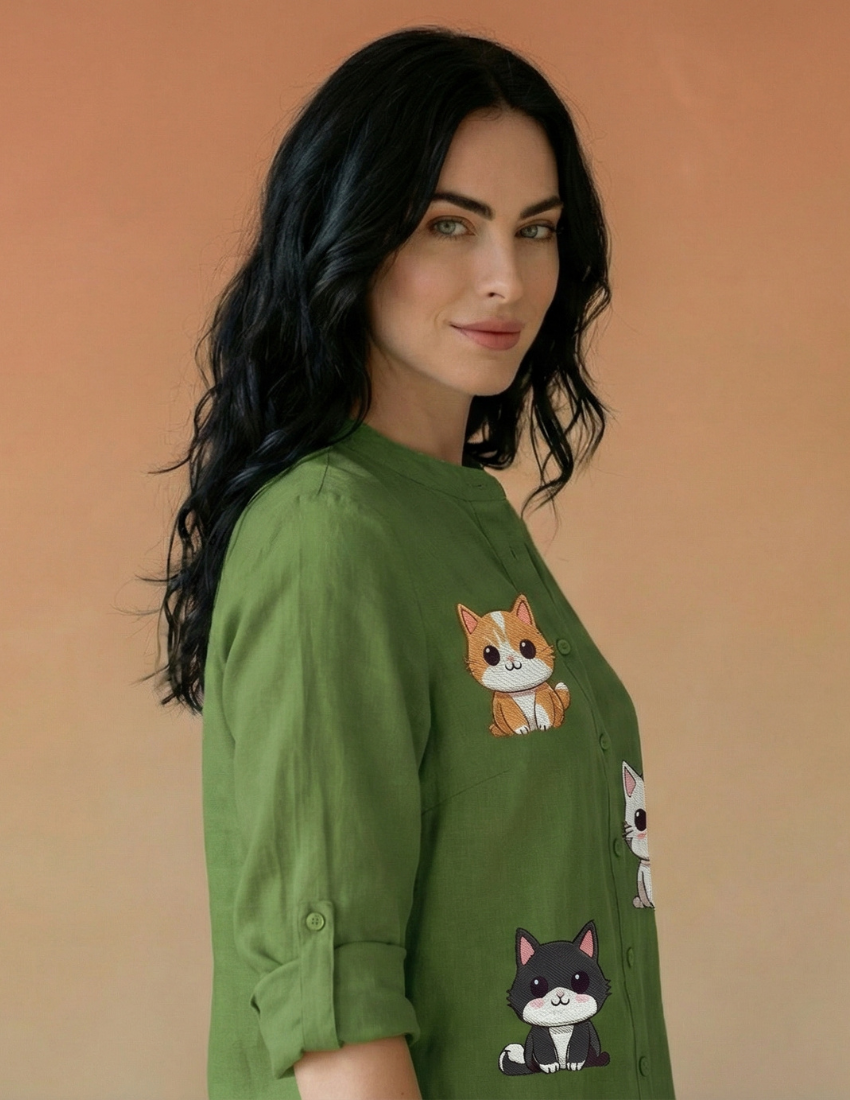 Women’s Cat Printed Trendy Top – Lime Green