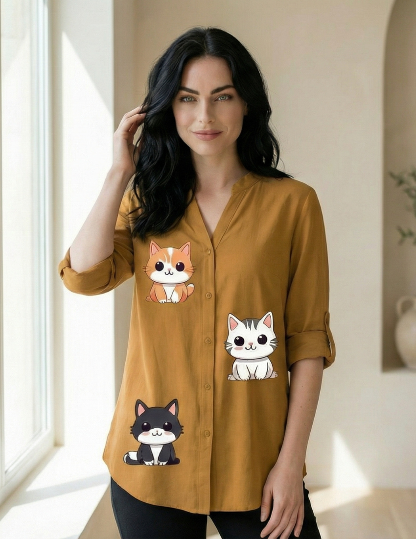 Women’s Cute Cat Printed Golden Ochre Top
