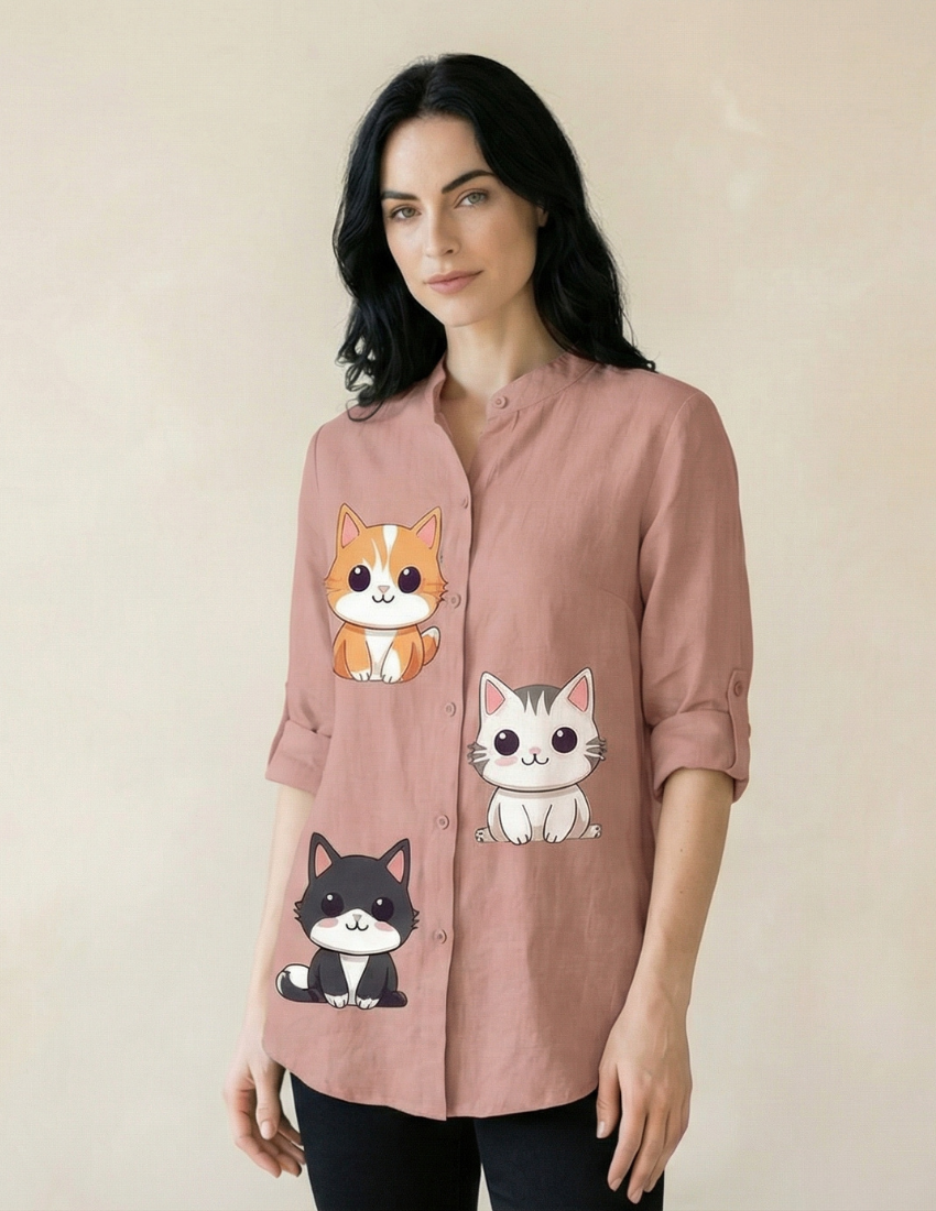 Blush Pink Cartoon Cat Design Stylish Button-Down Top