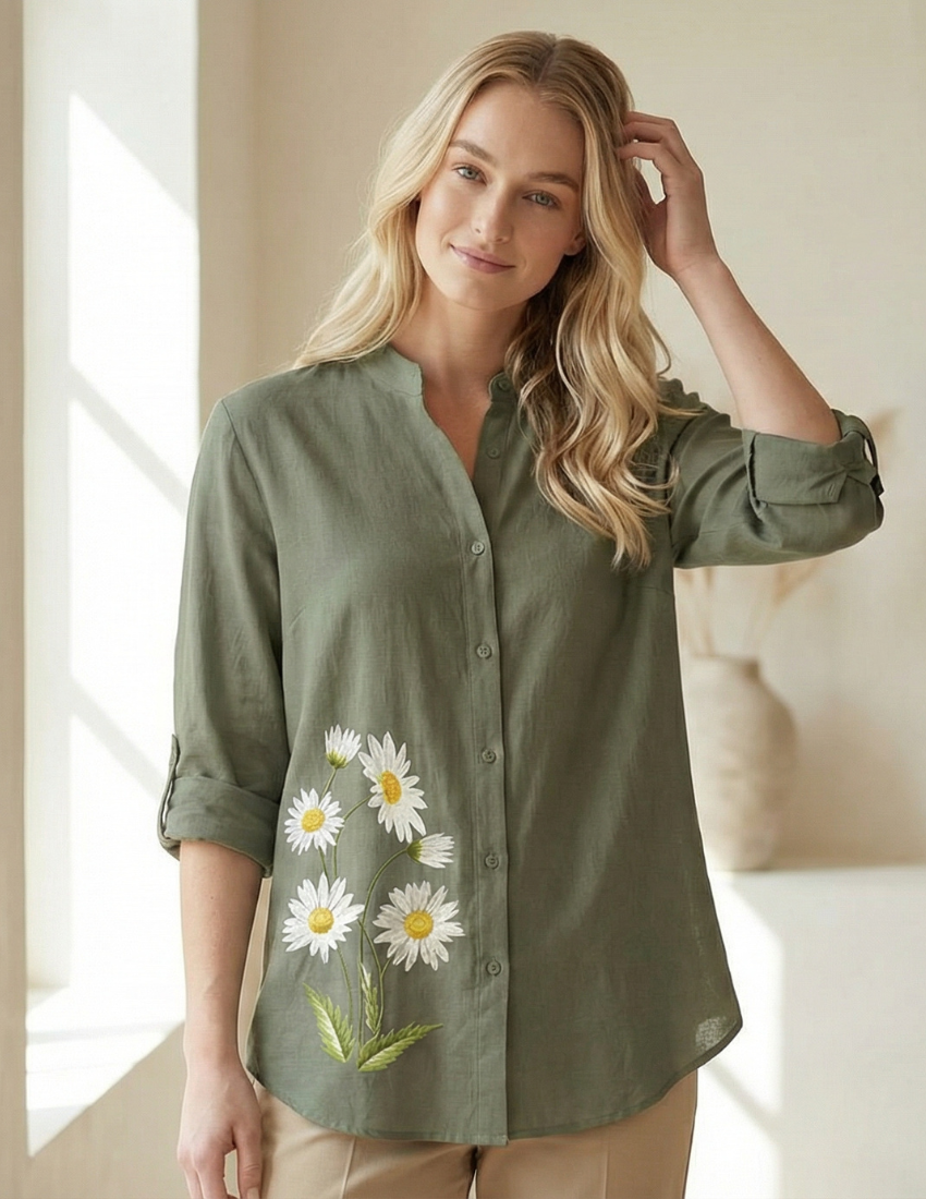 Women’s Comfortable Daisy Print Top - Stone Grey