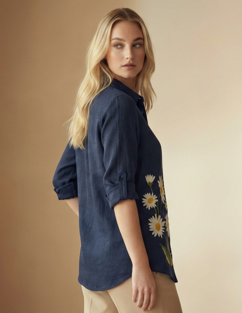 Daisy Print Navy Blue Rayon Women’s Top