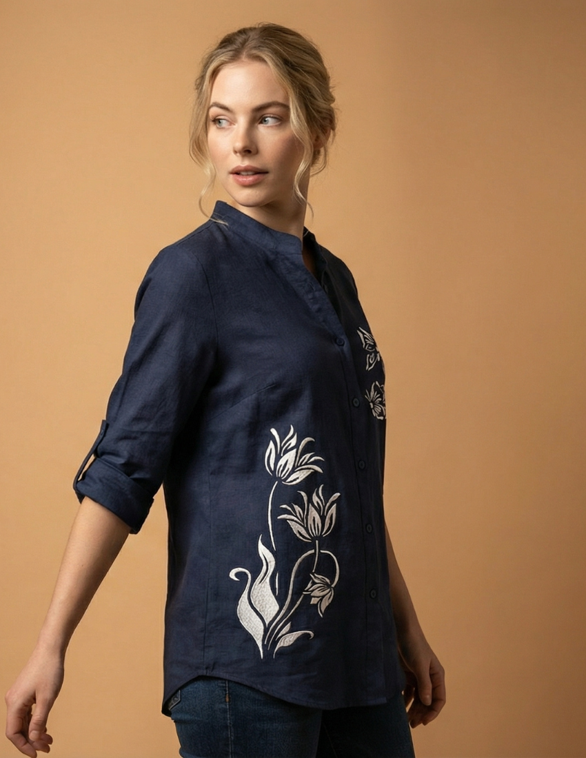 Moonlit Petals Navy Blue Casual Top